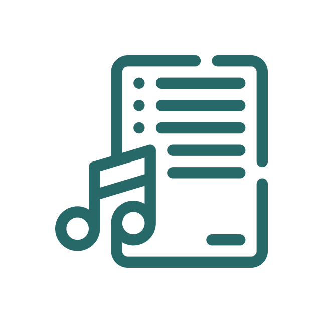 Icon of a smartphone with musical note and lyrics, representing music or song lyrics.