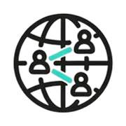 Icon of a globe with a crosshair targeting three connected people icons