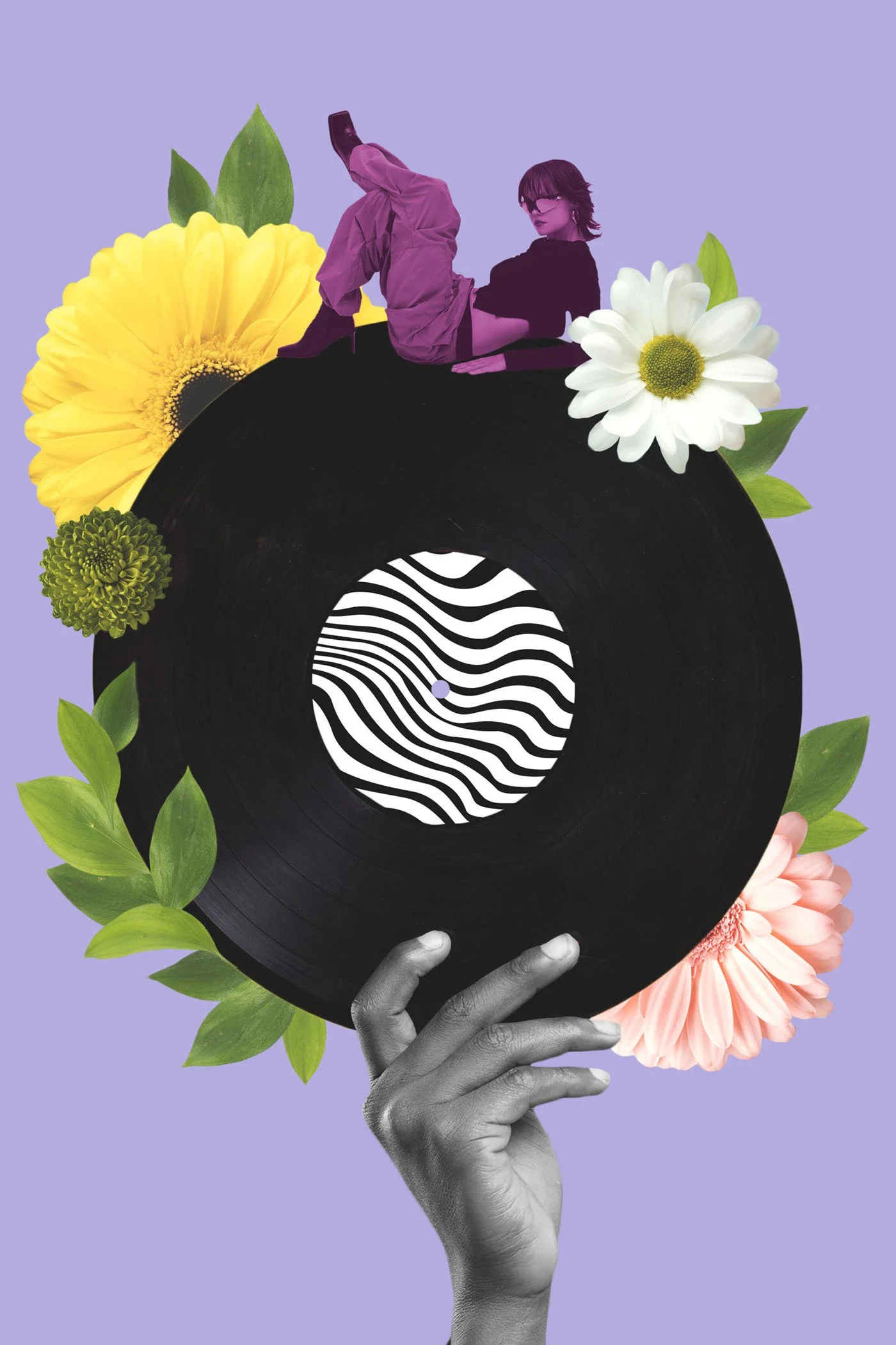A collage of a woman sitting on a large vinyl record surrounded by colorful flowers and greenery, with a purple background.