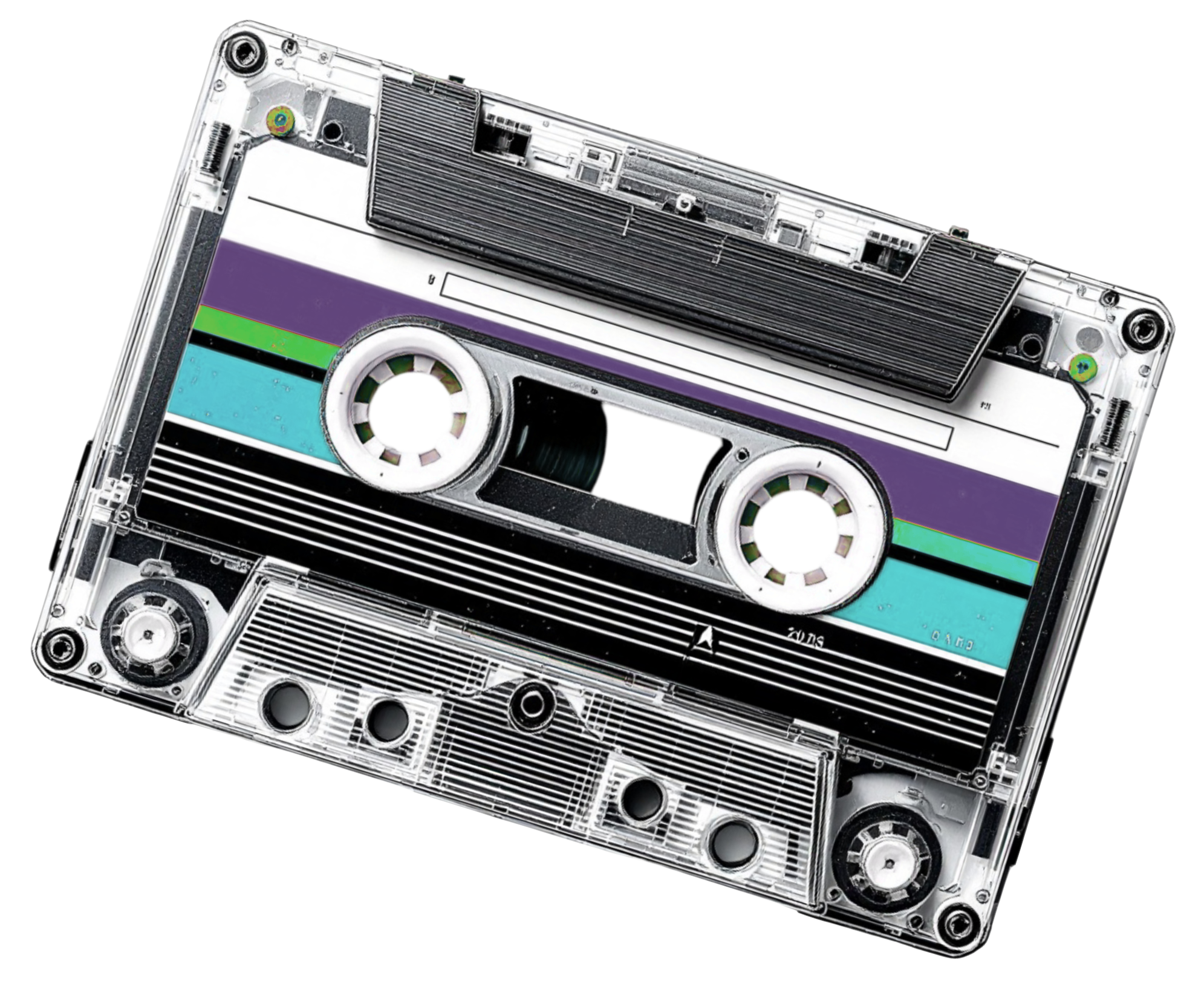A transparent cassette tape with visible internal components and a colorful striped label.