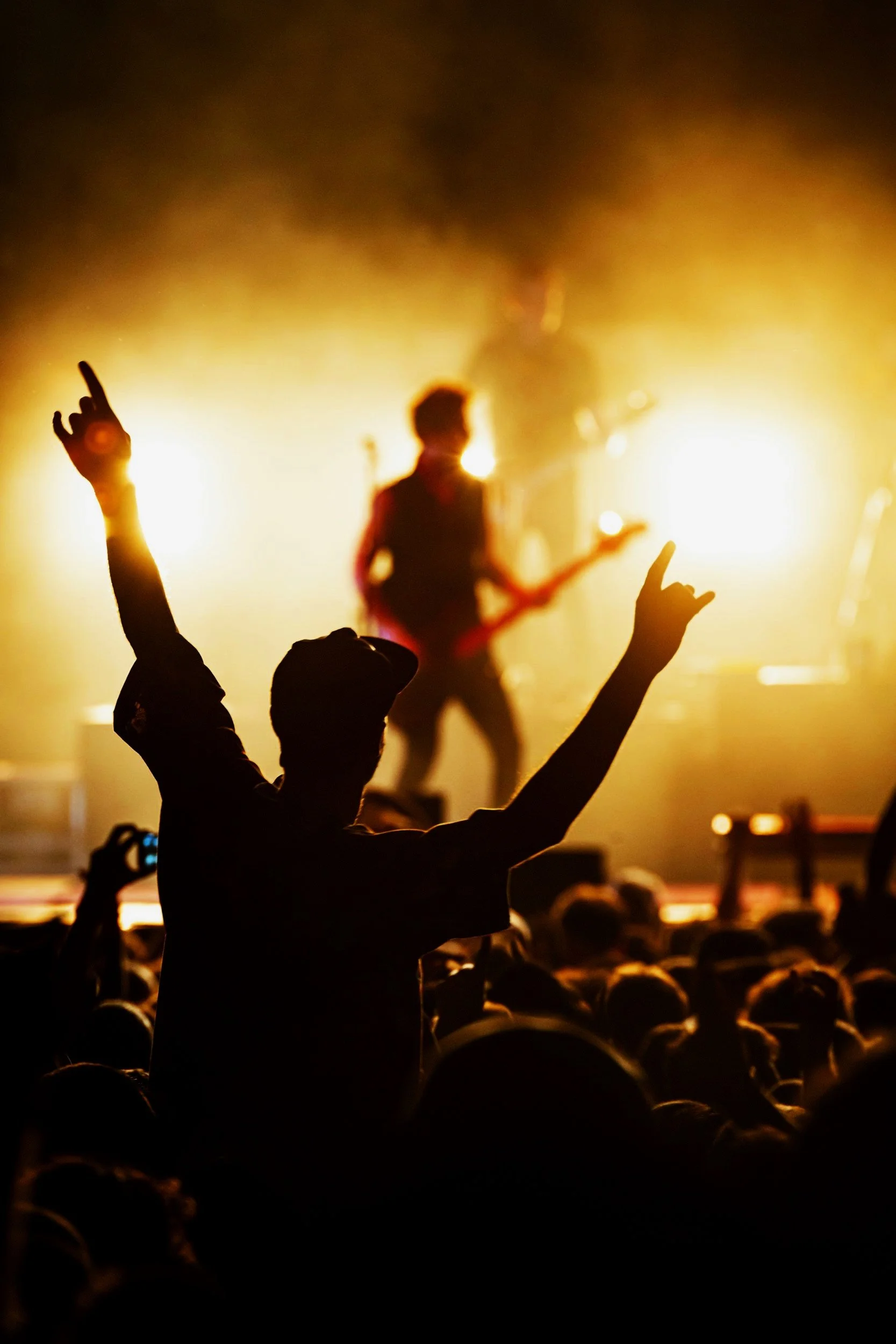 Silhouette of a person at a concert with hands raised, facing a stage with bright lights and a band playing in the background.