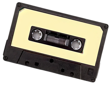 Close-up of a vintage cassette tape with black plastic case and yellow label.