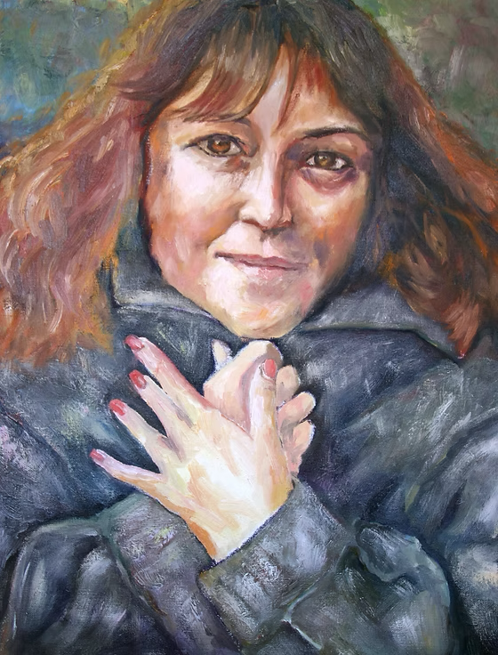 A painted portrait of a woman with reddish-brown hair, wearing a black jacket, smiling and holding her hand near her chin with pink-painted nails.