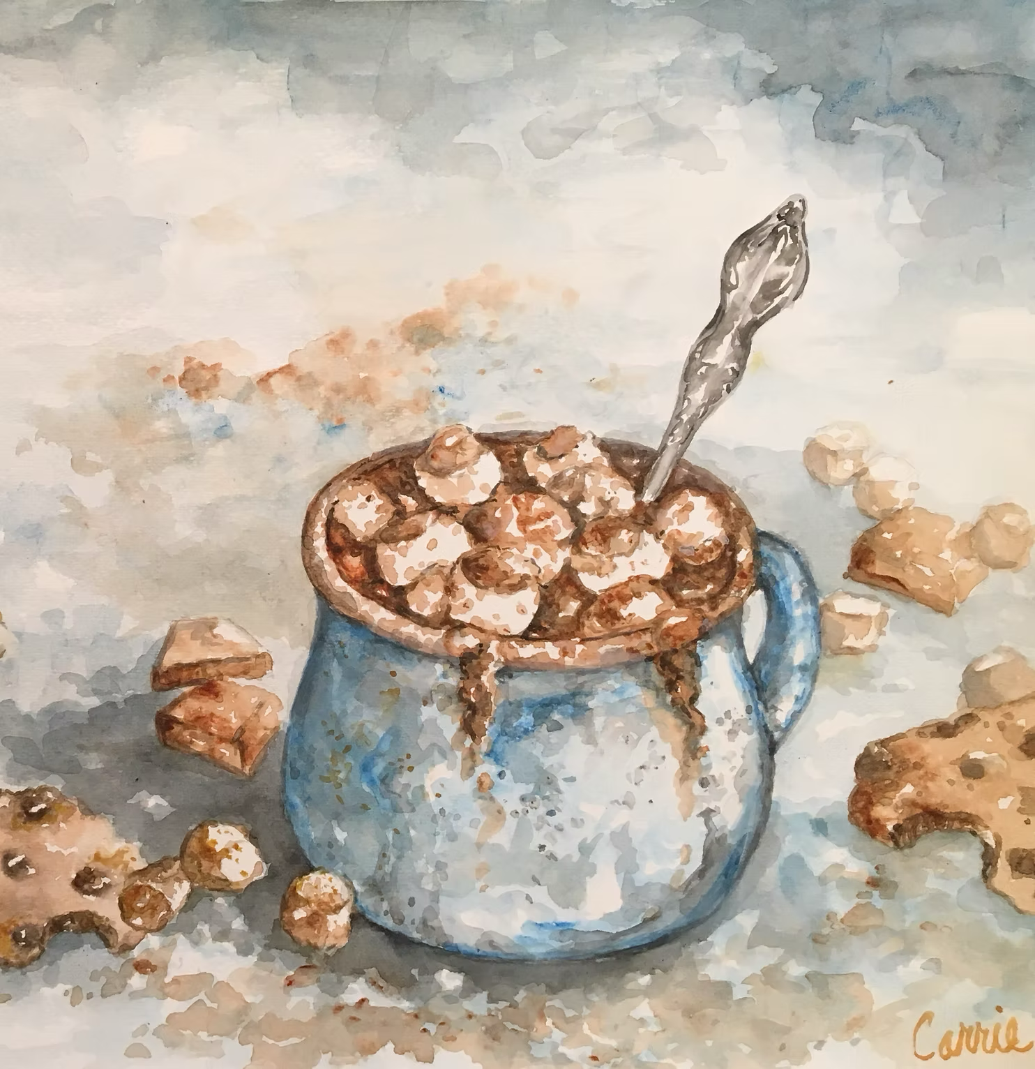 A watercolor painting of a blue mug filled with hot cocoa topped with marshmallows, with a spoon inside. Surrounding the mug are scattered cookies and cookie crumbs.