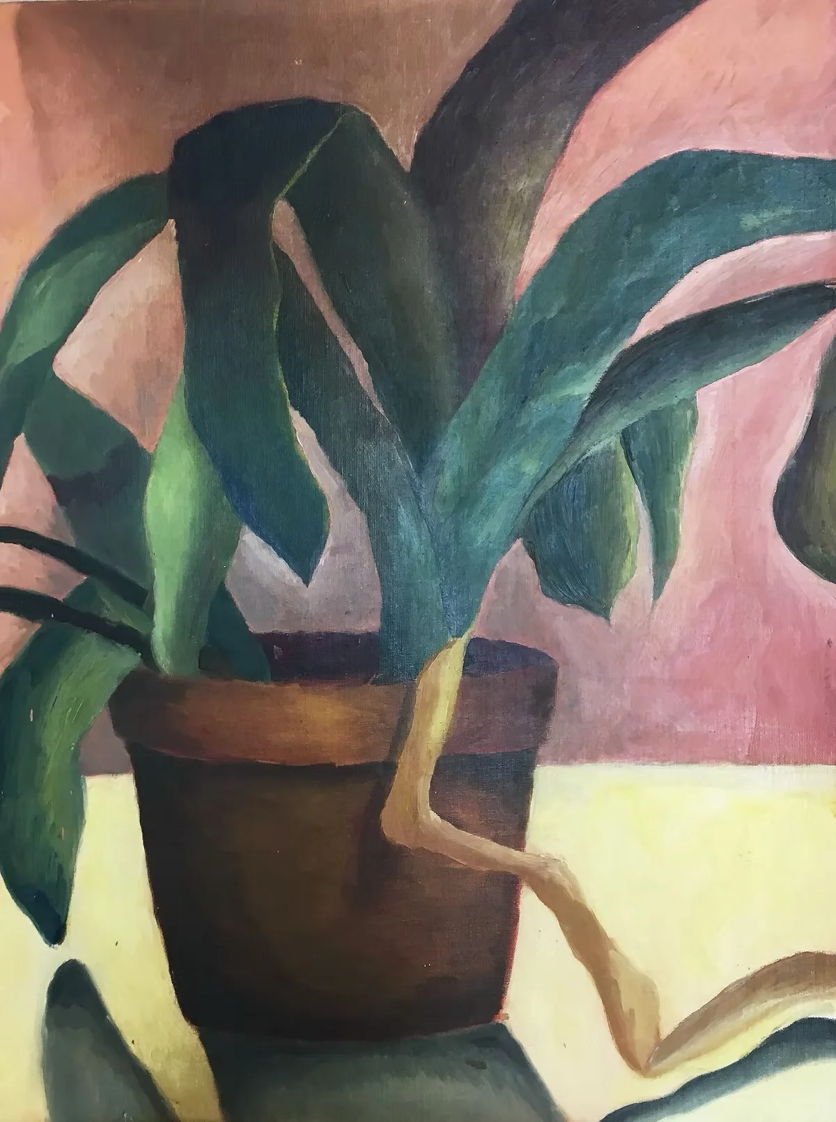 A painting of a green leafy houseplant in a brown pot with a cane or branch leaning inside the pot, set against a pinkish background.