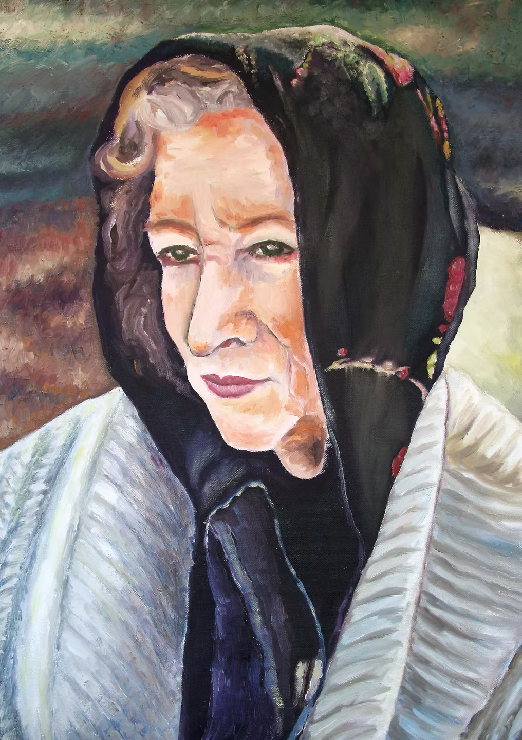 A portrait painting of a woman with light skin, curly brown hair, and a black headscarf with floral patterns, dressed in a white garment.