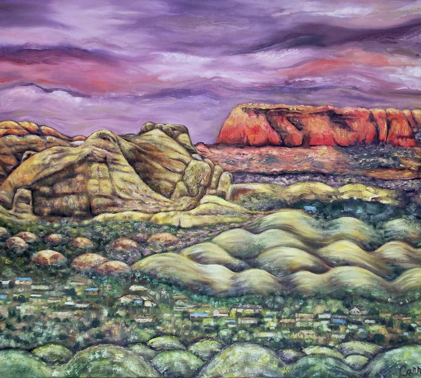 Colorful landscape painting of mountains and rolling hills with a sunset sky in shades of purple and pink.