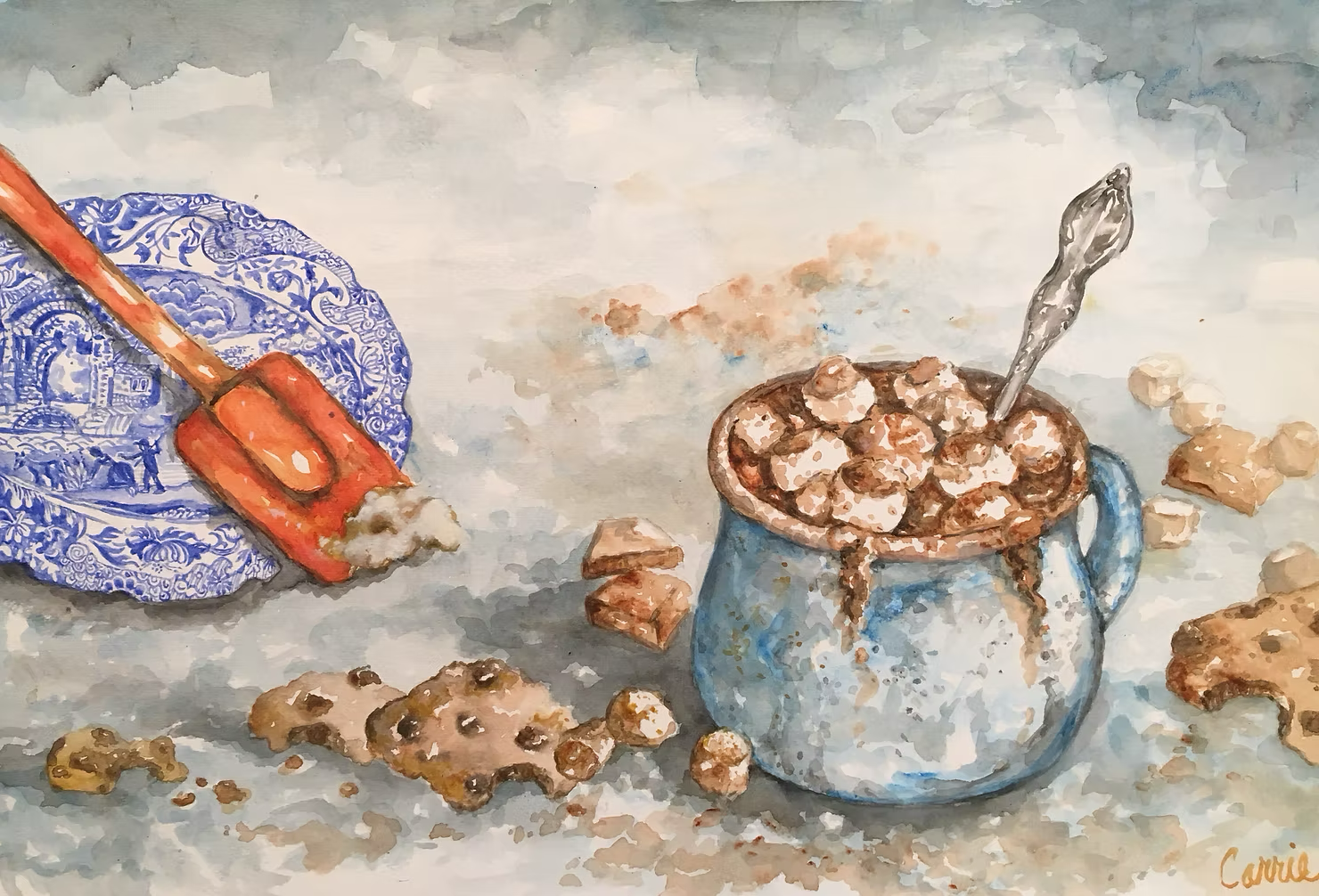 A watercolor painting of a spilled jar of chocolate cereal with milk, a spoon in the jar, and a blue and white patterned plate with an orange spatula on it, surrounded by scattered cereal pieces and cookie crumbs on a gray surface.