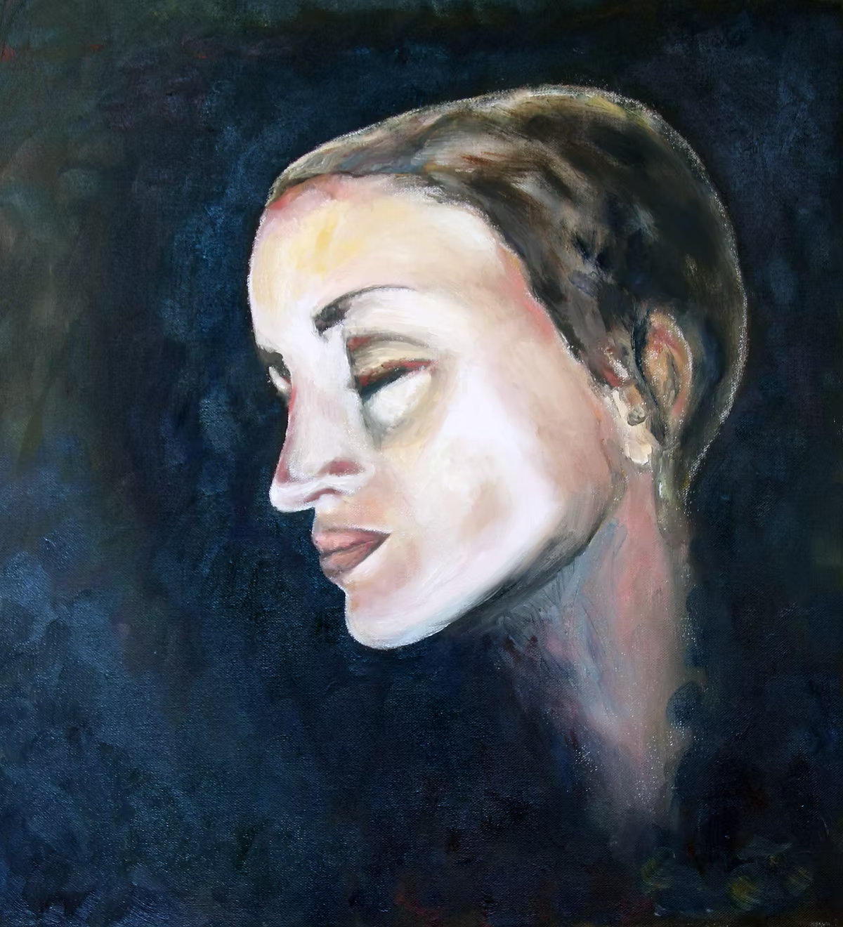 A painting of a woman's profile with her eyes closed, featuring soft, warm tones for the skin and dark, textured background.