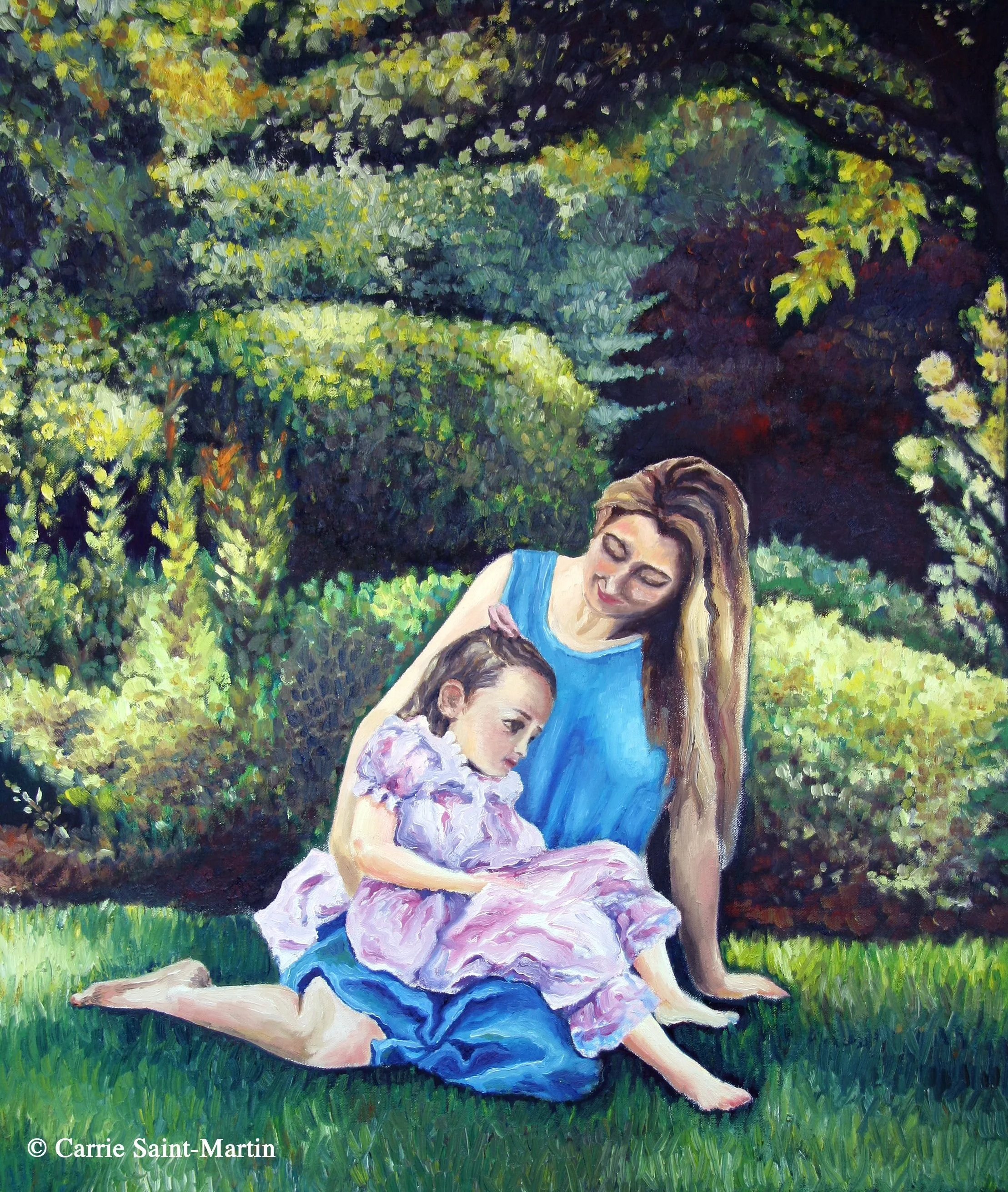 A woman with long hair in a blue dress sitting on the grass, holding a young girl in a pink dress. They are in a lush garden with green bushes and trees.