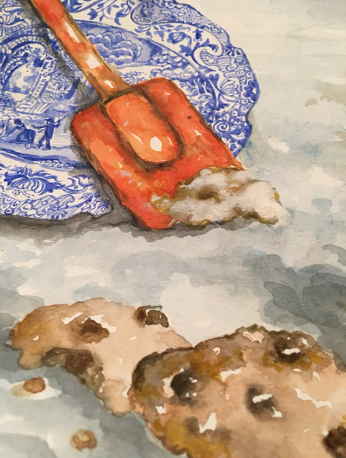 Watercolor painting of a piece of melting red wax on a blue and white patterned ceramic surface, with crumpled cookies or cookies on the surface below.