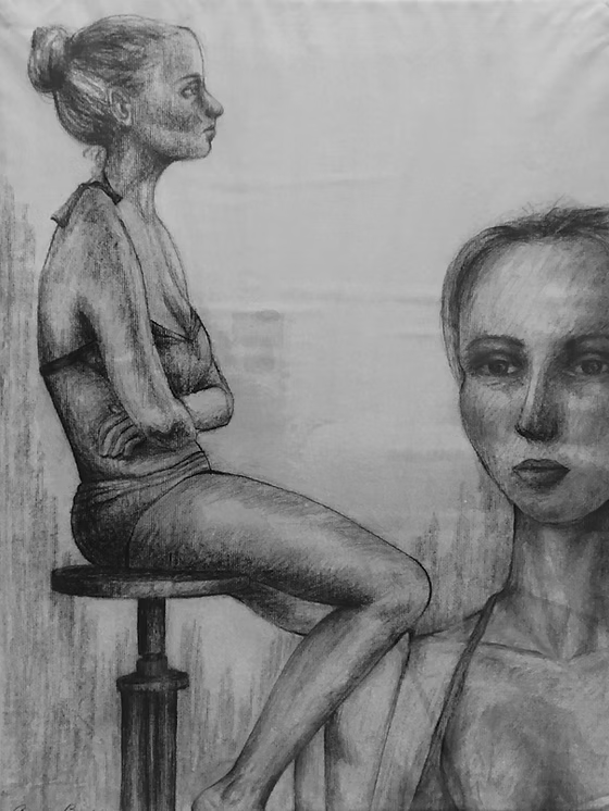 Sketch of two women, one sitting on a stool and the other partially visible, both with serious expressions.