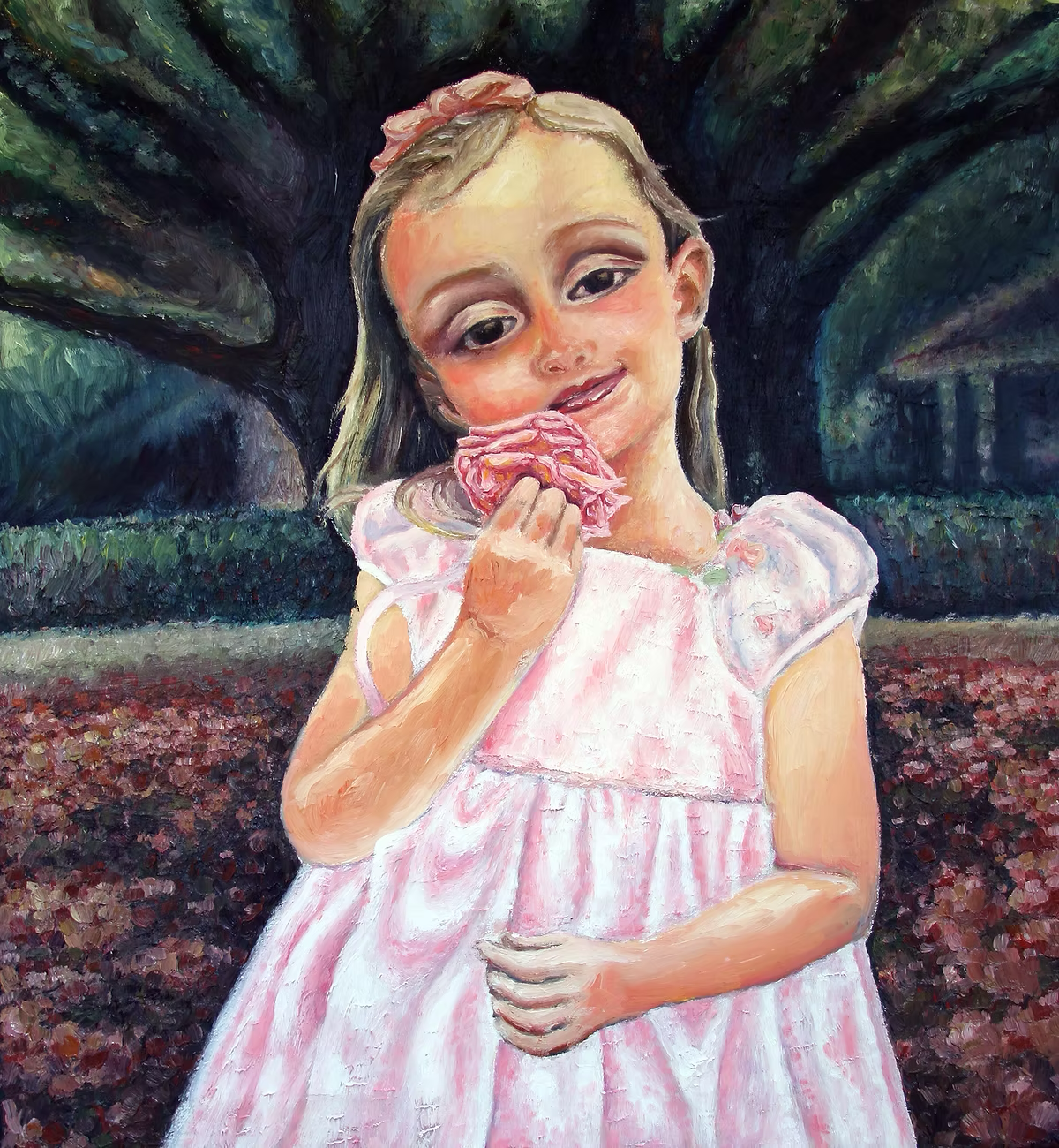 A young girl with large eyes and long hair wearing a pink and white striped dress is holding a pink flower close to her face, standing outdoors in a colorful, impressionistic landscape with trees and a pathway.