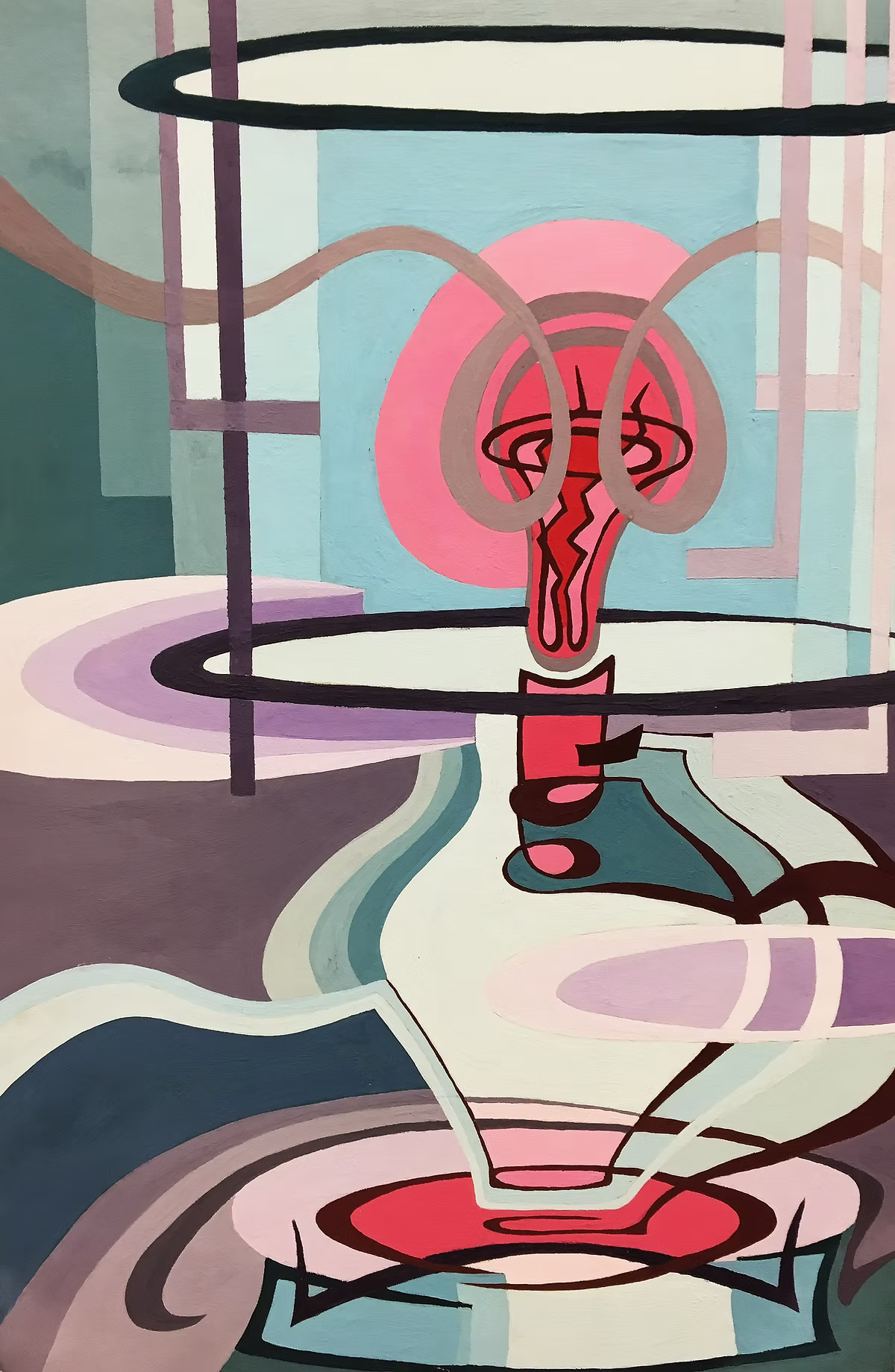 Abstract painting with geometric shapes, lines, and a pink circle in the background, featuring a stylized red and black object resembling a fountain or sculpture.