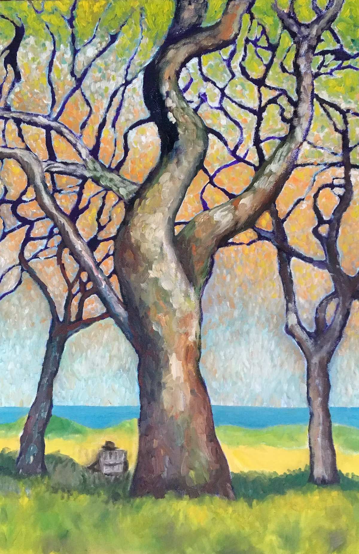 A colorful painting of a large leafless tree with twisting branches in a landscape with a blue sky, green grass, and a distant body of water.