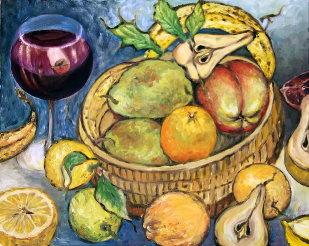 A still life painting featuring a basket of assorted fruit, including pears, apples, bananas, and citrus, with a glass of red wine and lemon slices on a blue background.
