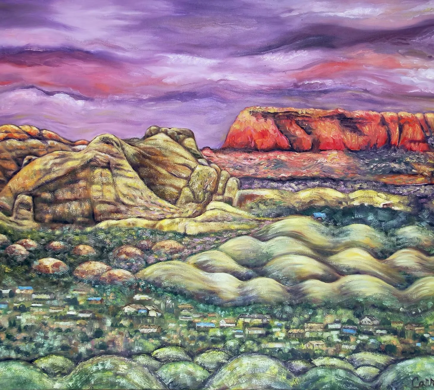 A colorful painting of a mountainous landscape with large rock formations in the foreground and a small town at the base. The sky is painted with vibrant purple and pink hues.