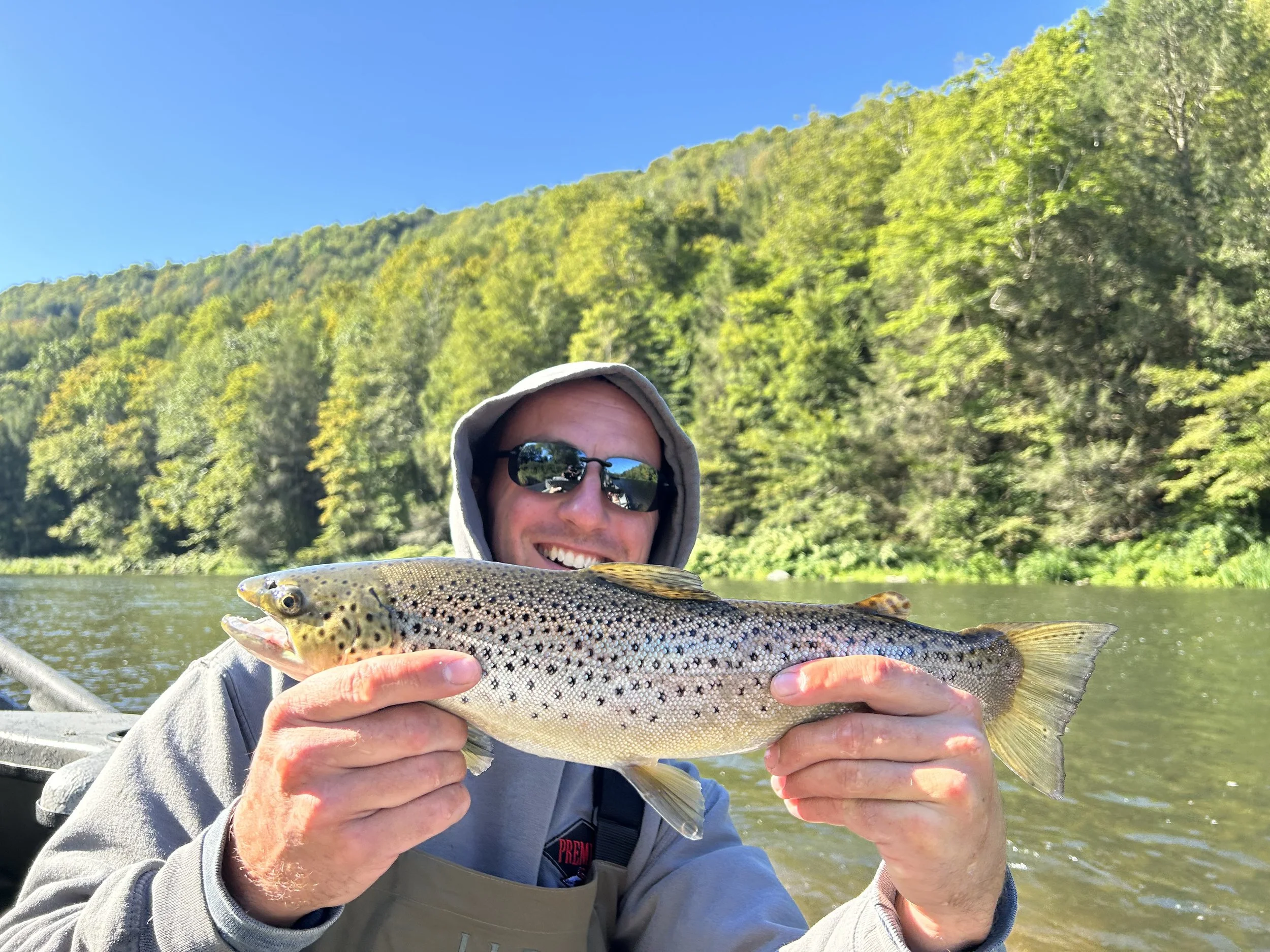 A man wearing sunglasses and a hoodie holding a large fish near a river, with a background of green trees and hills under a blue sky.