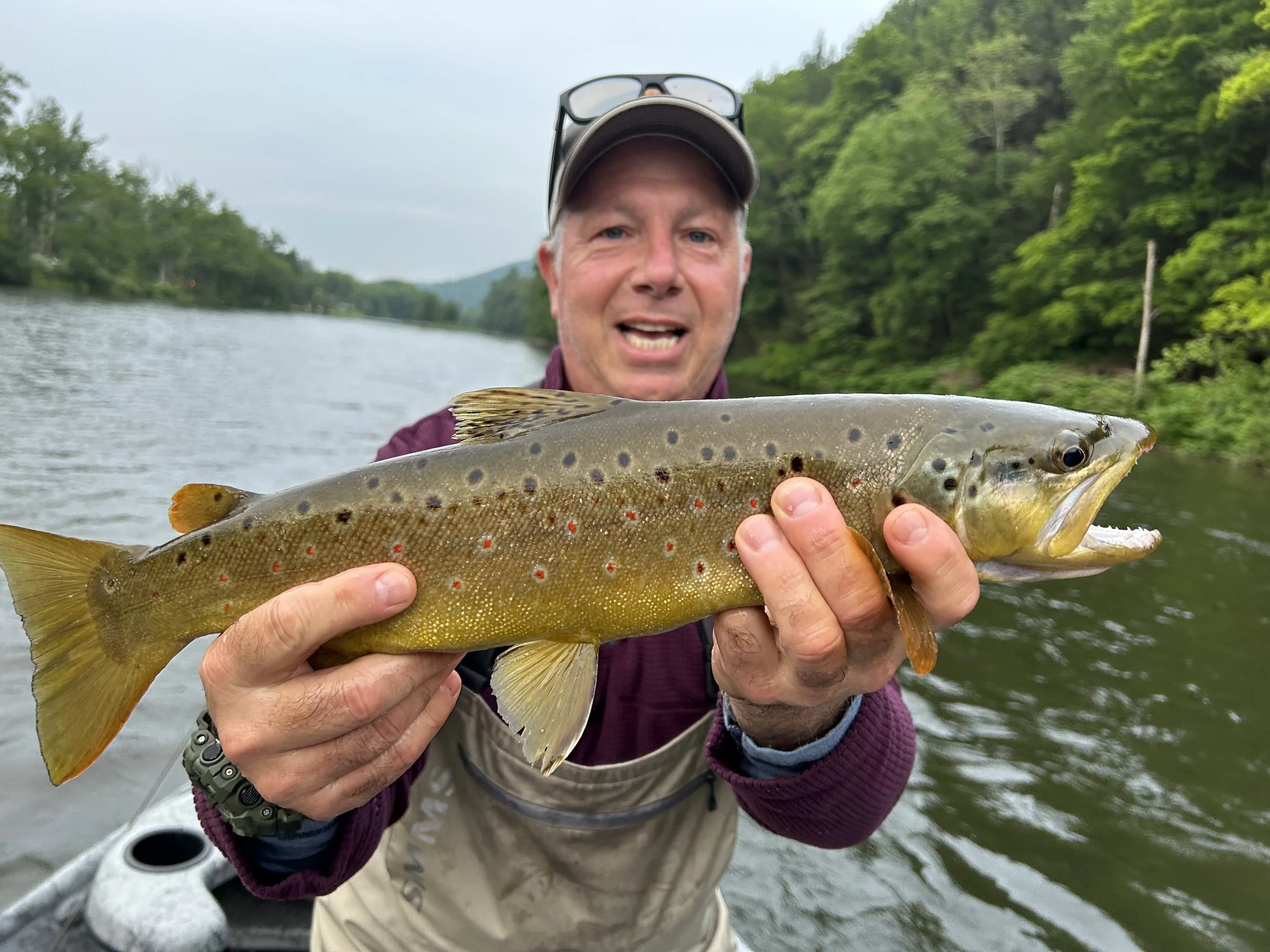 A man holding a freshly caught brown trout fish with a river and green trees in the background.