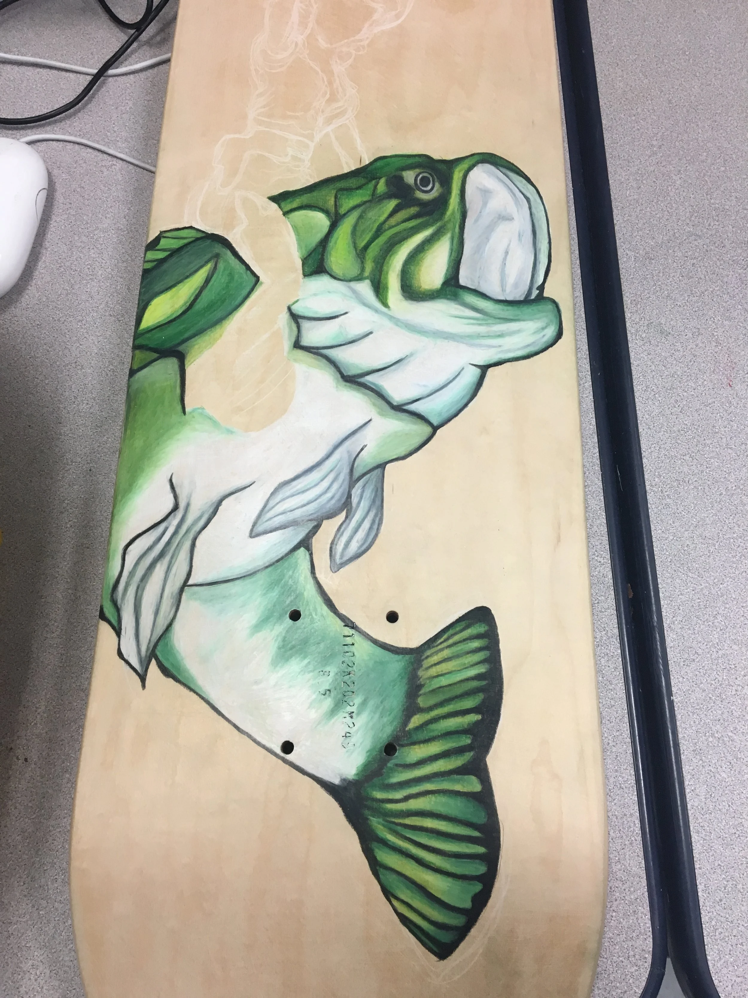Colored Pencil on Wooden Skateboard Bass