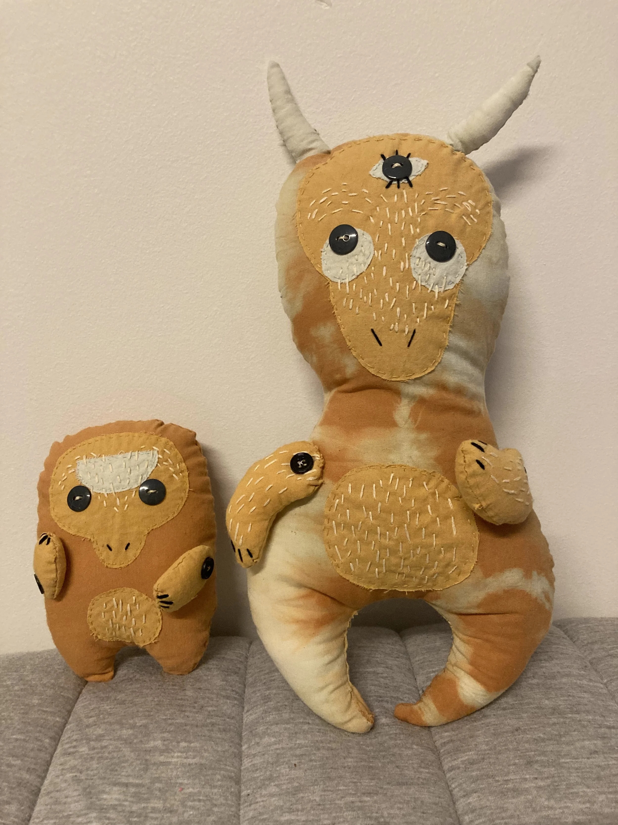 "Father and Son" Hand dyed sewn and embroidered plush