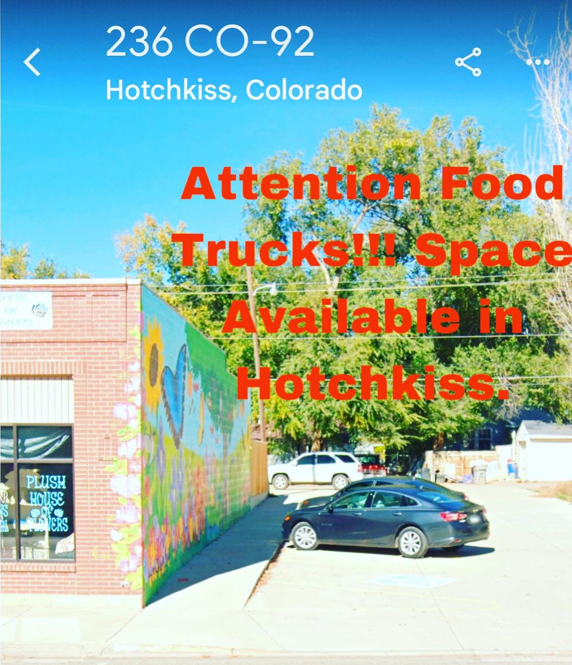 Attention Food Trucks!  We are opening up our parking lot to food trucks!  Ample parking and right on the main drag in Hotchkiss!  Message us for details! #foodtrucks #northforkvalley #hotchkisscolorado #grandjunction