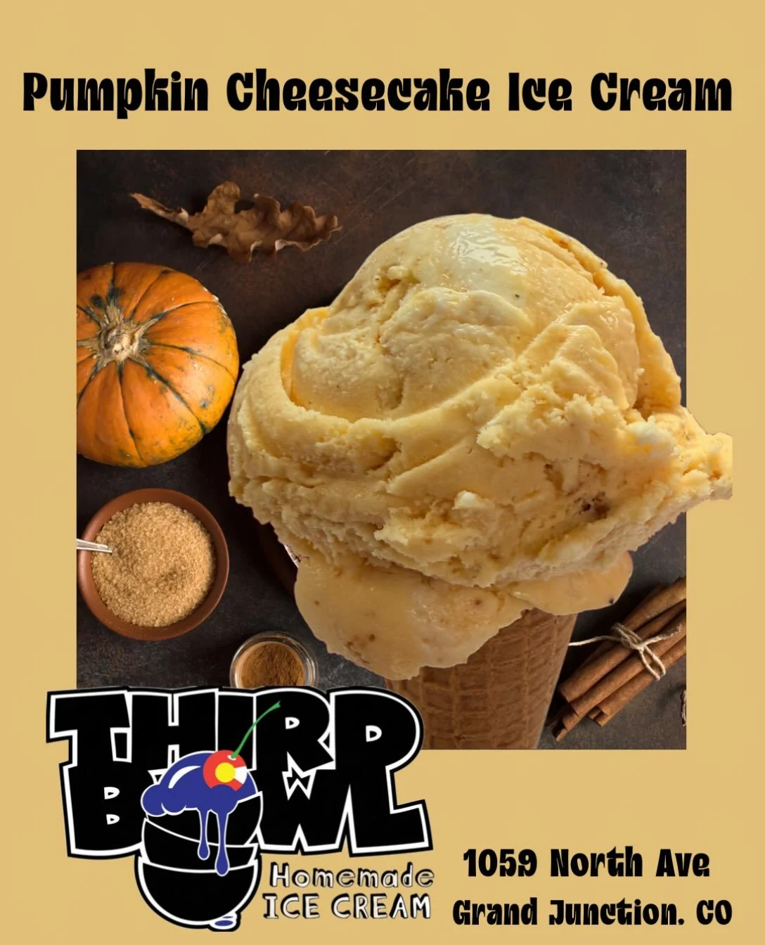 Pumpkin Cheesecake is back!  Get some at our shop in Grand Junction or for a full list of independent retailers that carry Third Bowl Homemade Ice Cream please visit thirdbowl.com! #pumpkinspice #homemadeicecream #coloradofoodie #westernslope #colora