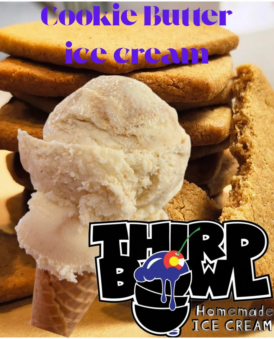 Sweet cream ice cream swirled with homemade biscoff-style cookie butter! Get it while it lasts! Visit our shop in Grand Junction or for a full list of independent retailers that carry Third Bowl please visit thirdbowl.com! #homemadeicecream #westerns