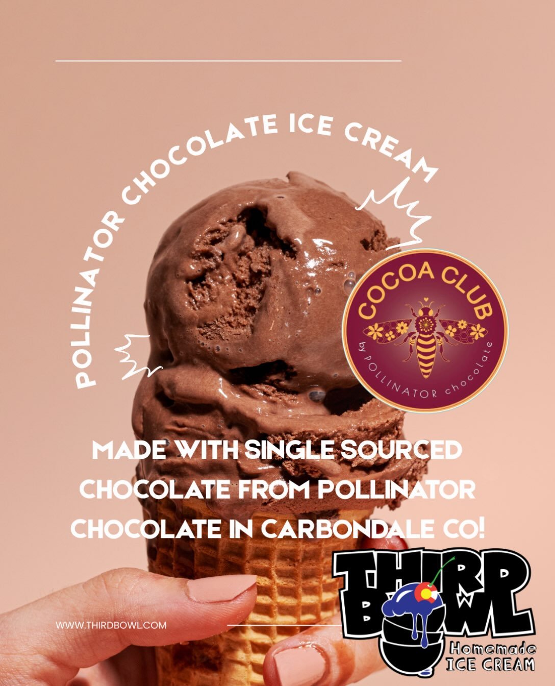 Pollinator Chocolate ice cream is available only at our Third Bowl shop in Grand Junction and at the source, Pollinator Chocolate Cocoa Club in Carbondale.  This is the richest chocolate ice cream you will ever taste!  #homemadeicecream #westernslope