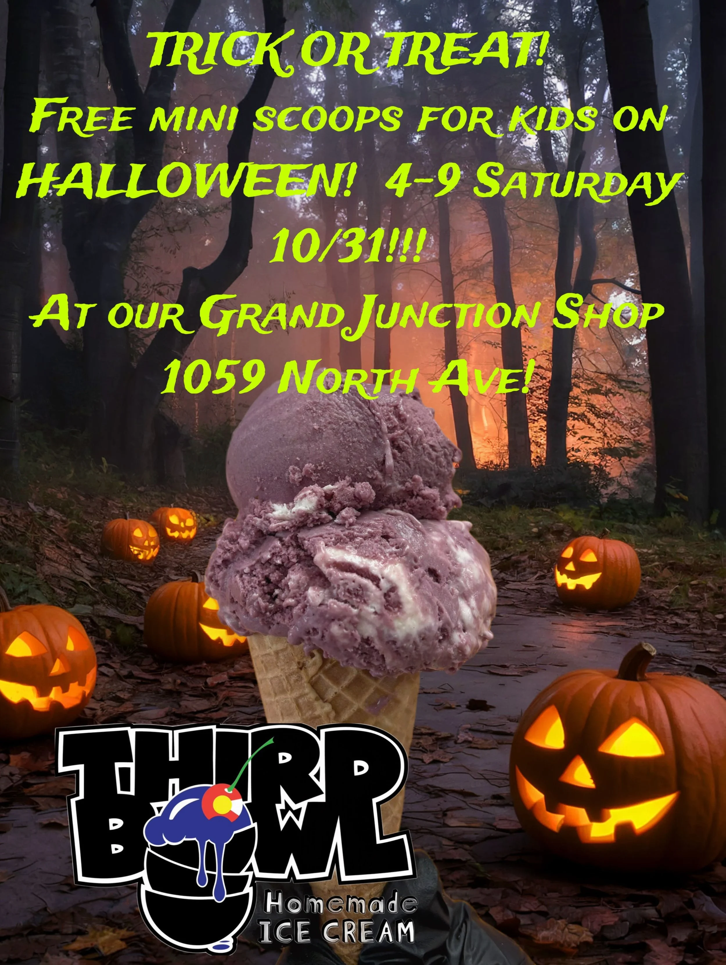 Bring your kiddos in for trick or treat at Third Bowl in Grand Junction!  We'll be giving out FREE mini scoops for Halloween.  Big kids welcome too but you gotta be in costume! 😁🍦