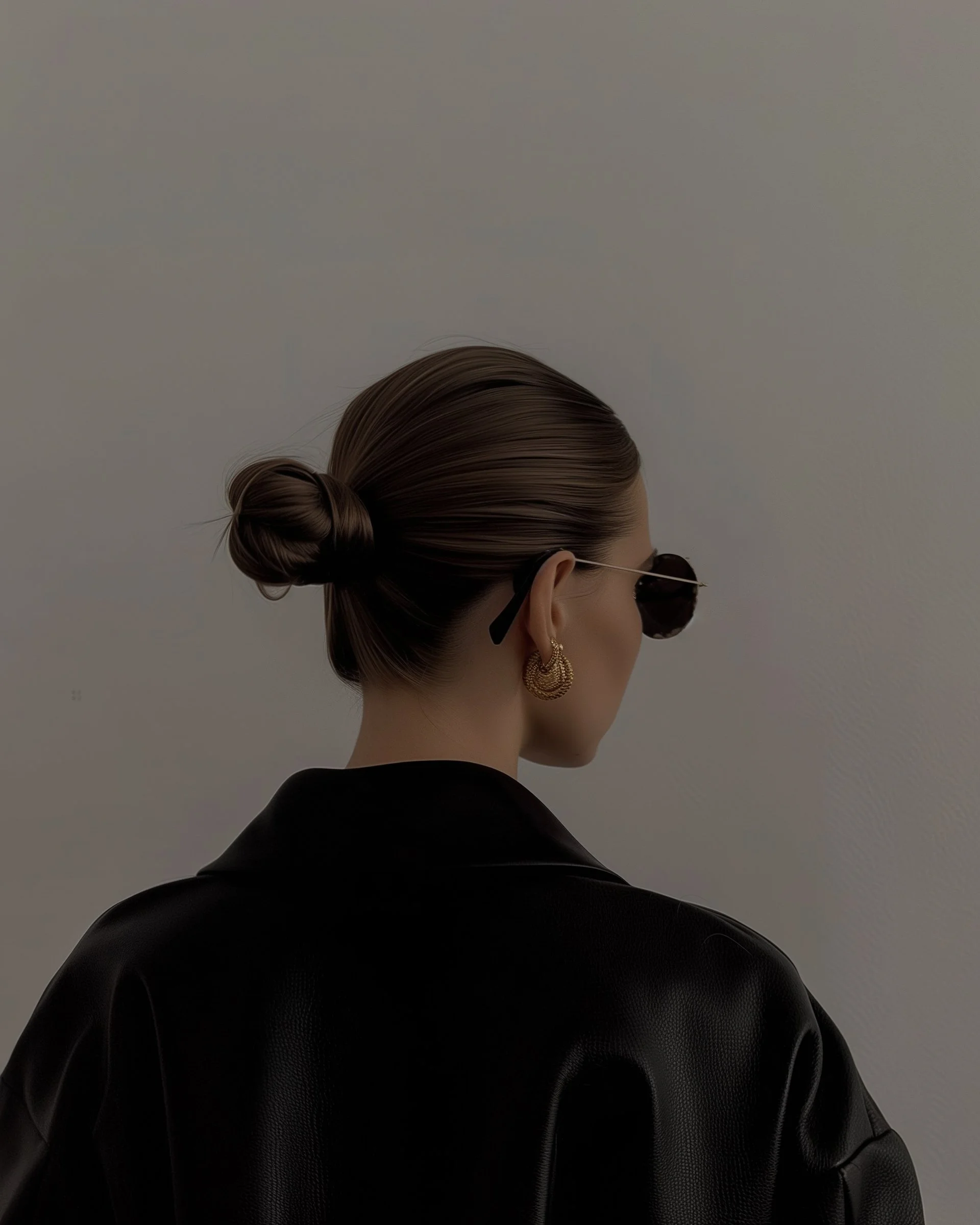 A woman with her hair in a bun, wearing sunglasses, gold earrings, and a black leather jacket, shown from behind against a plain wall.
