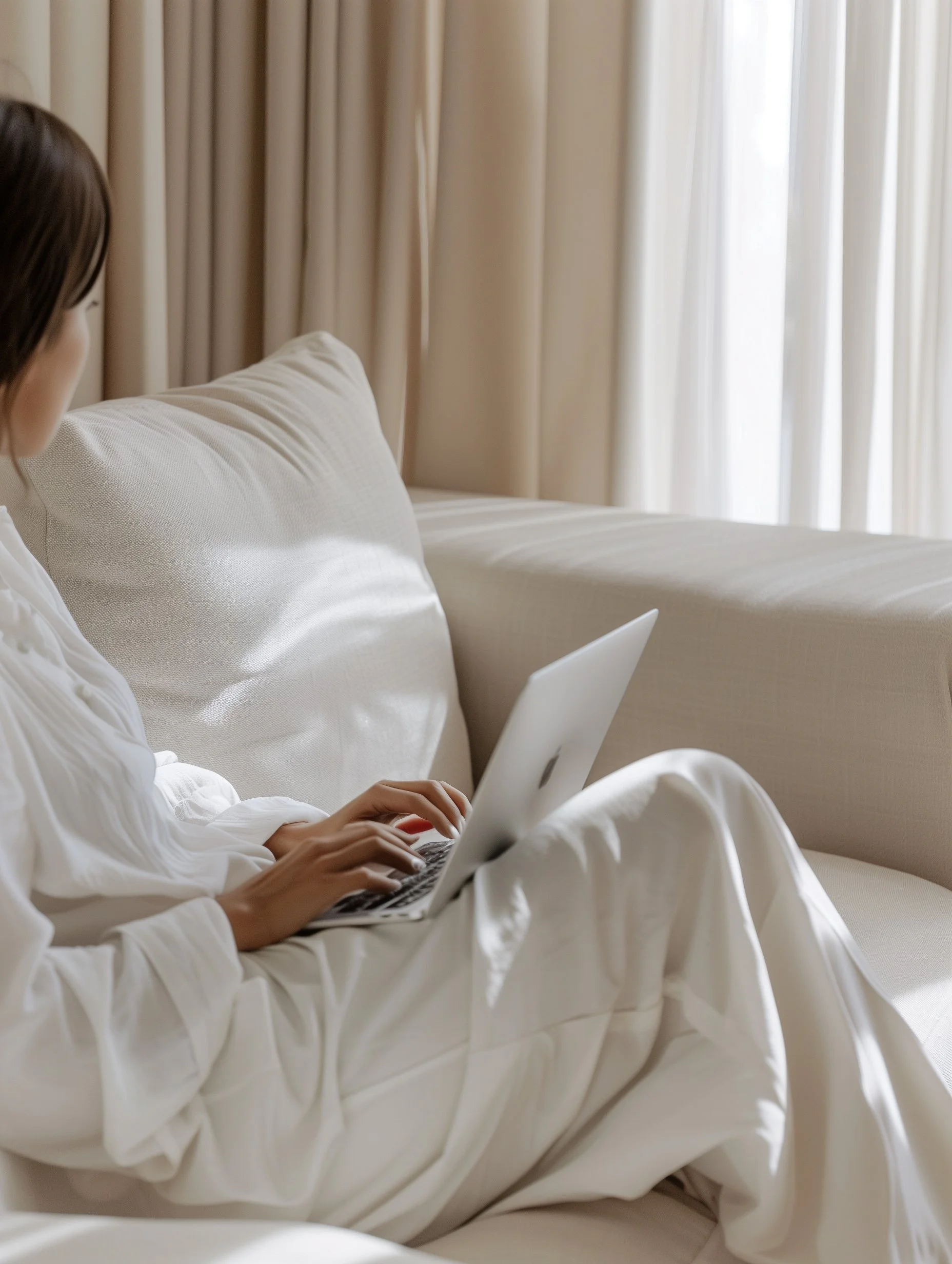 Person in white clothing sitting on a beige sofa using a laptop in a well-lit room with beige curtains.