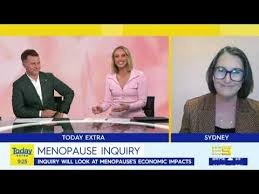 TV news segment discussing a menopause inquiry, featuring hosts at a news desk and Sonya Lovell as a guest in Sydney via video call. The segment is part of "Today Extra"