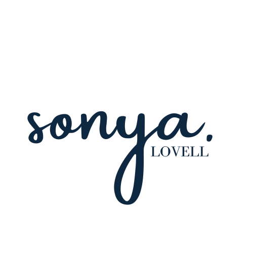 A logo with the words 'sonya LOVELL' in stylized blue font.