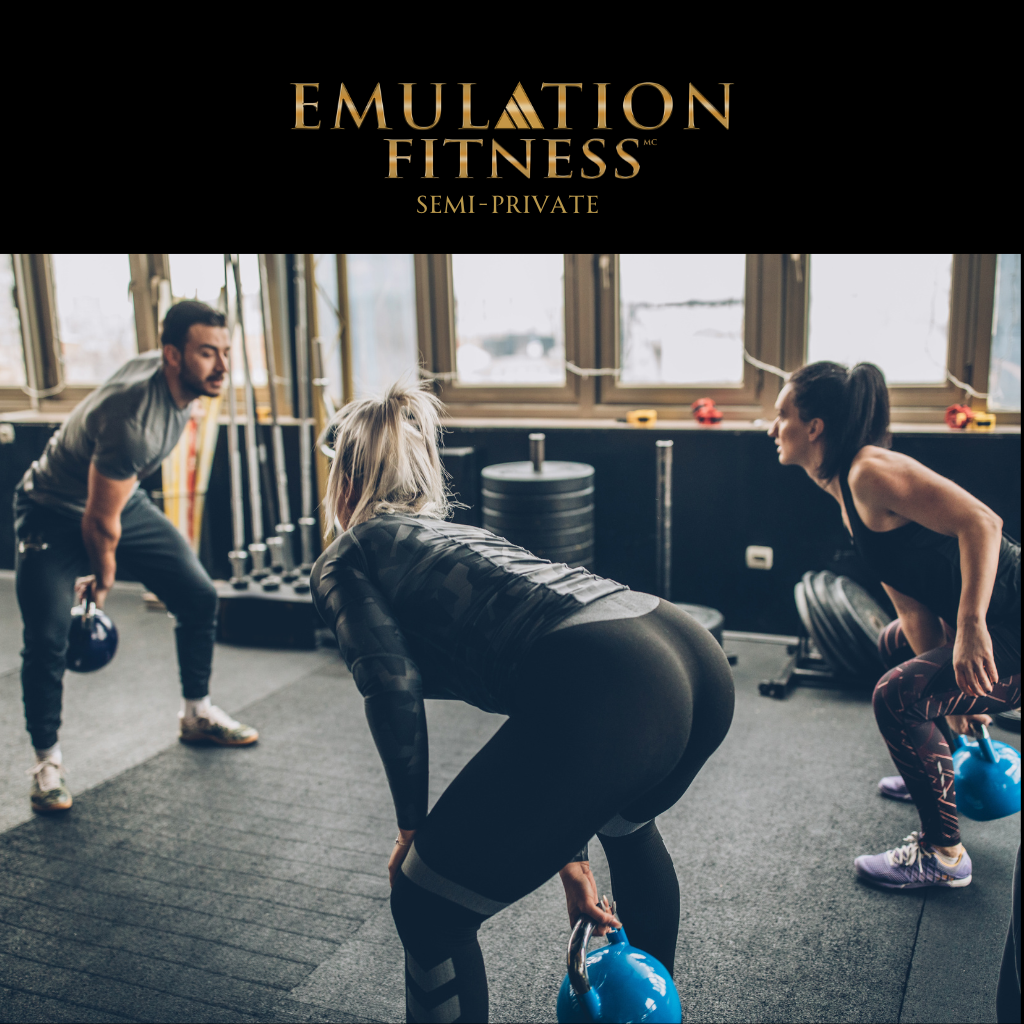 Semi-private training with Emulation Fitness, offering small group workouts, personalized coaching, and progress tracking.