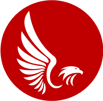 A white stylized eagle with outstretched wings inside a red circle.
