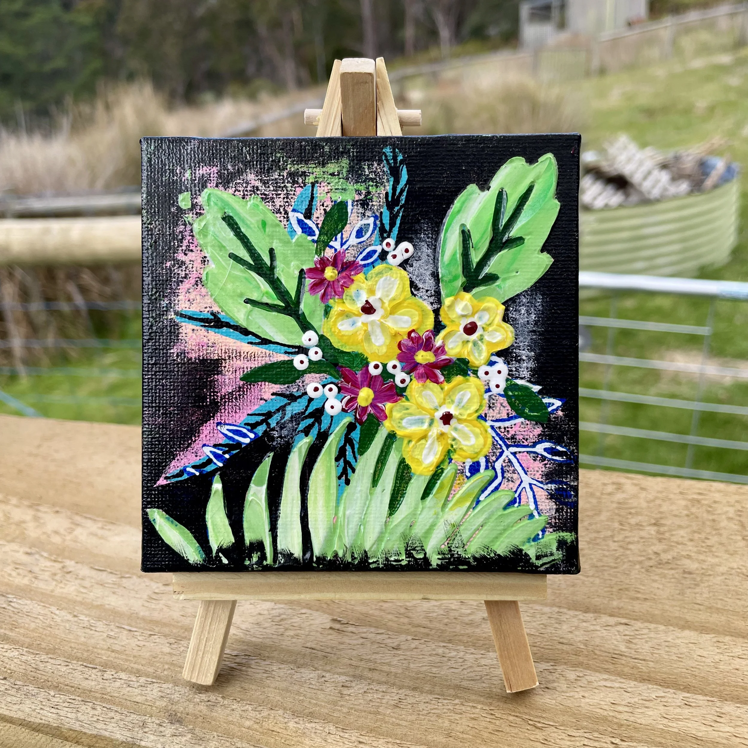 Mini Floral Original – “Yellow Bloom Burst” – Acrylic on Black Canvas with Easel