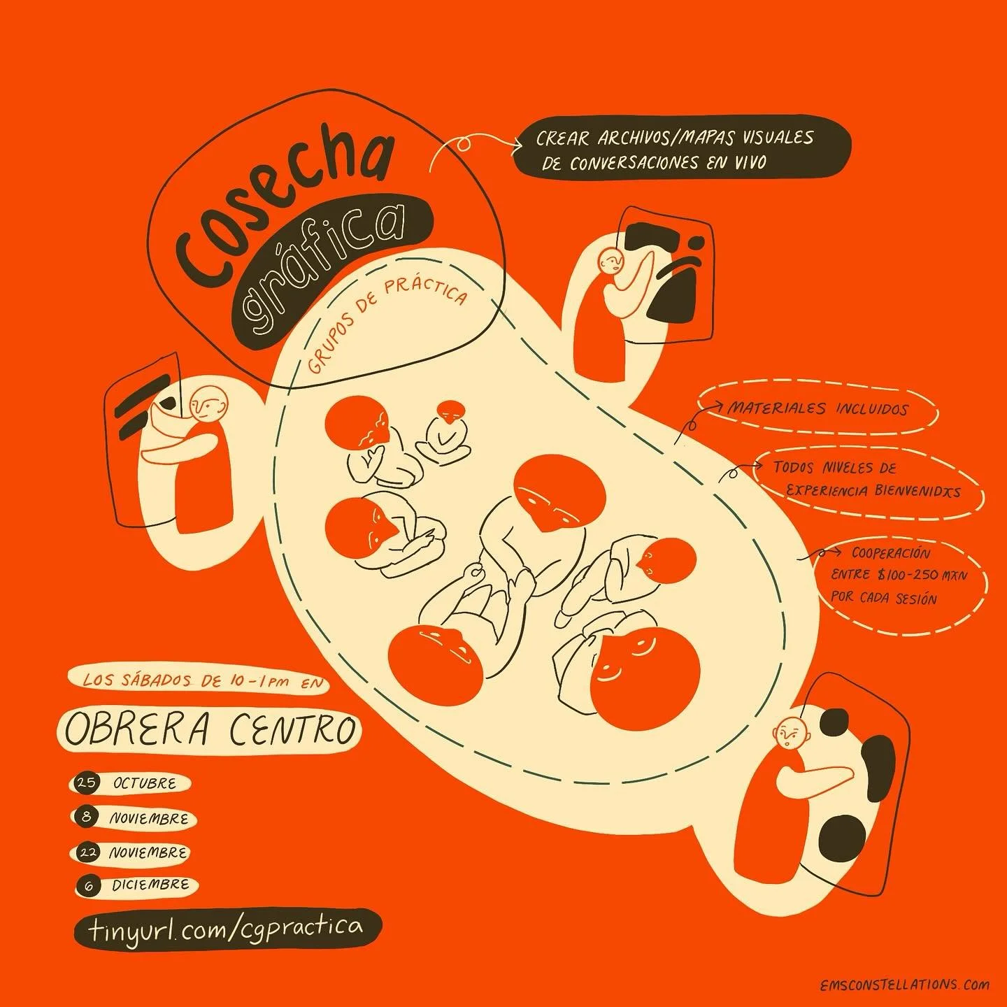 &iexcl;Solo faltan dos semanas hasta la primera sesi&oacute;n de pr&aacute;ctica para la cosecha gr&aacute;fica en @obreracentro! Ven a practicar haciendo archivos/mapas visuales de conversaciones en vivo 🗯️ Inscr&iacute;bense en tinyurl.com/cgpract