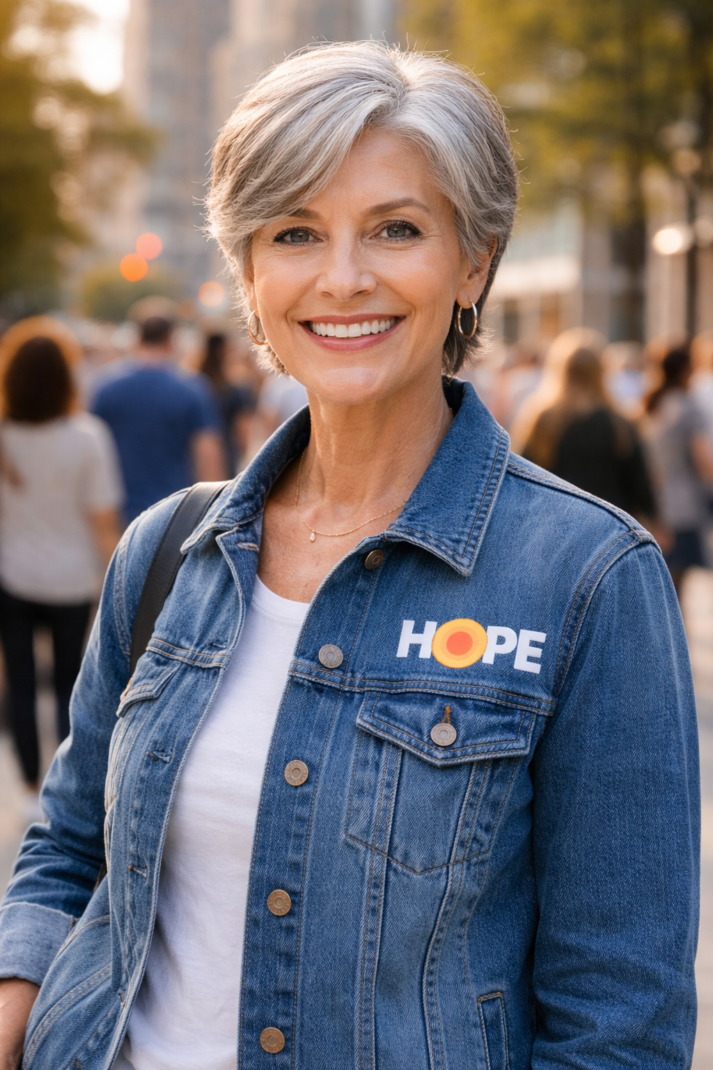 Middle aged woman with HOPE jean jacket.png