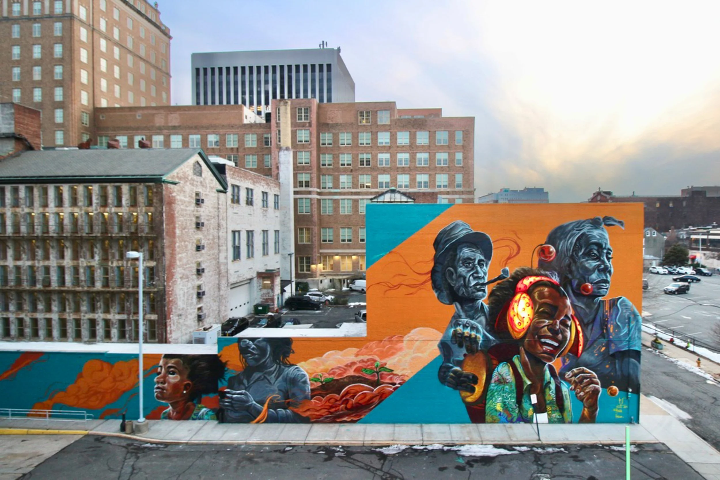 Hans Lundy & Malcolm Rolling (YENDOR)
Souvenir de la voix

Commissioned by Audible’s Newark Artist
Collaboration Newark Public Library
Annex Mural
Newark, NJ