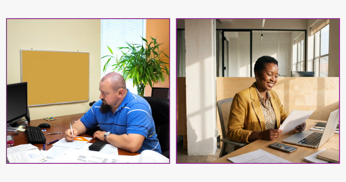 Two small business owners reviewing documents, representing construction trades and professional services subcontractors