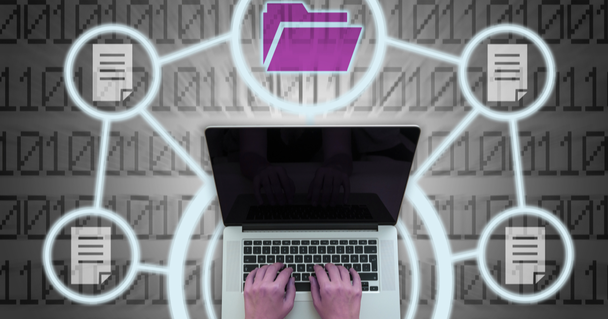 Laptop with interconnected digital folders and documents, symbolizing organized email and file systems for subcontractors.