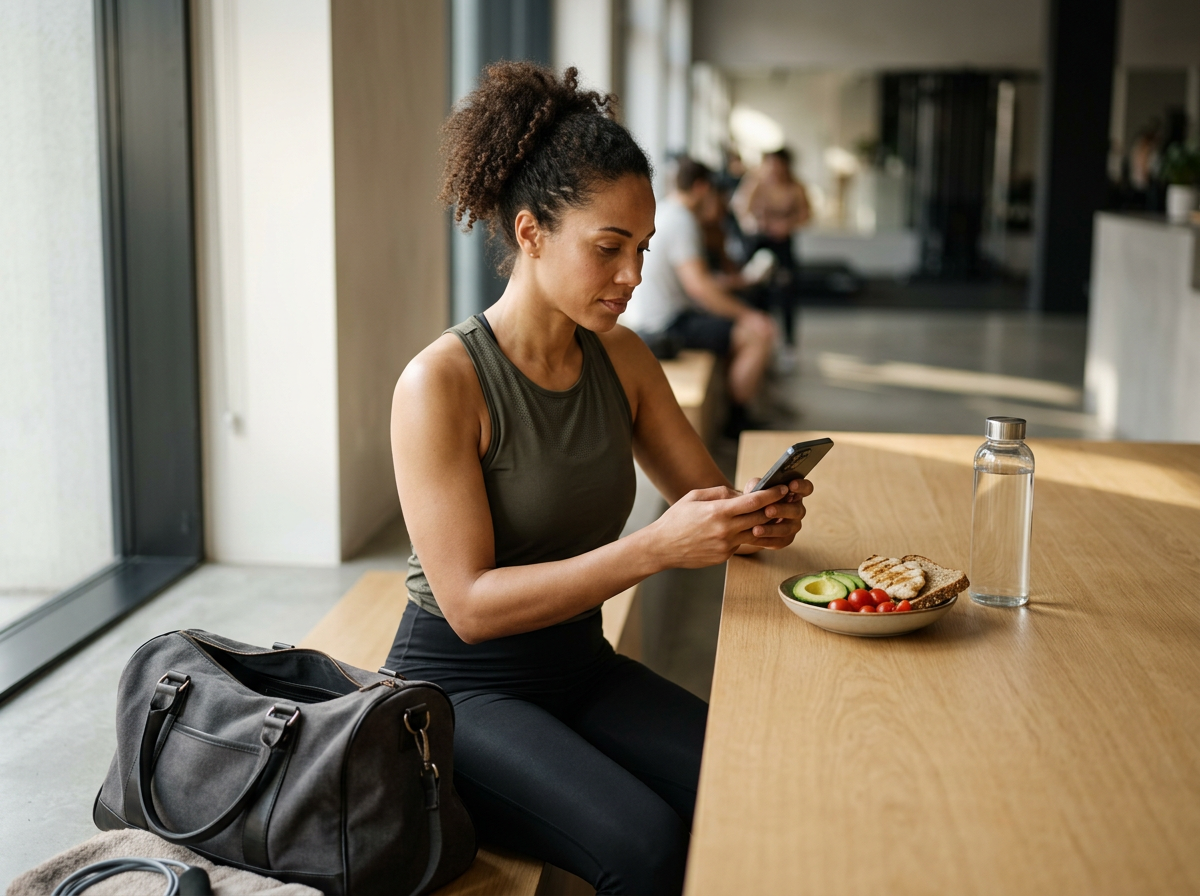 Woman reviewing personalised training and nutrition guidance on her smartphone after a workout, with a healthy meal nearby.