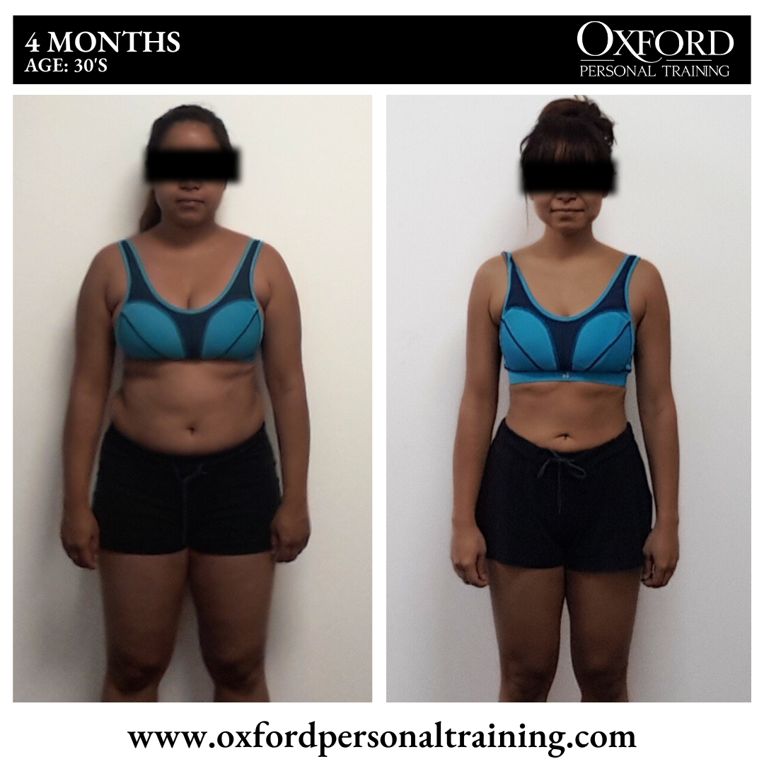Front-view before-and-after client transformation showing visible body composition changes over four months of personal training.