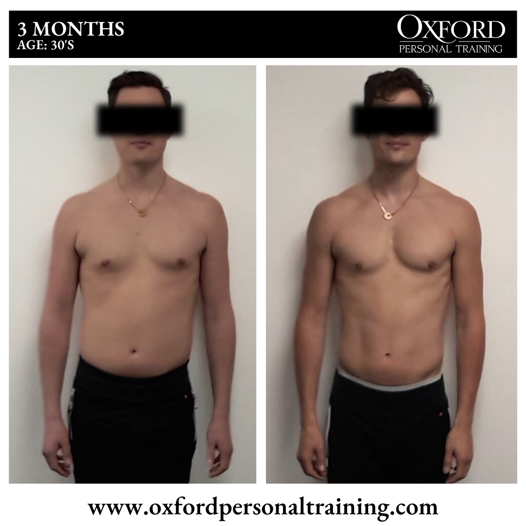 Front-view before-and-after client transformation showing visible body composition changes over three months of personal training.