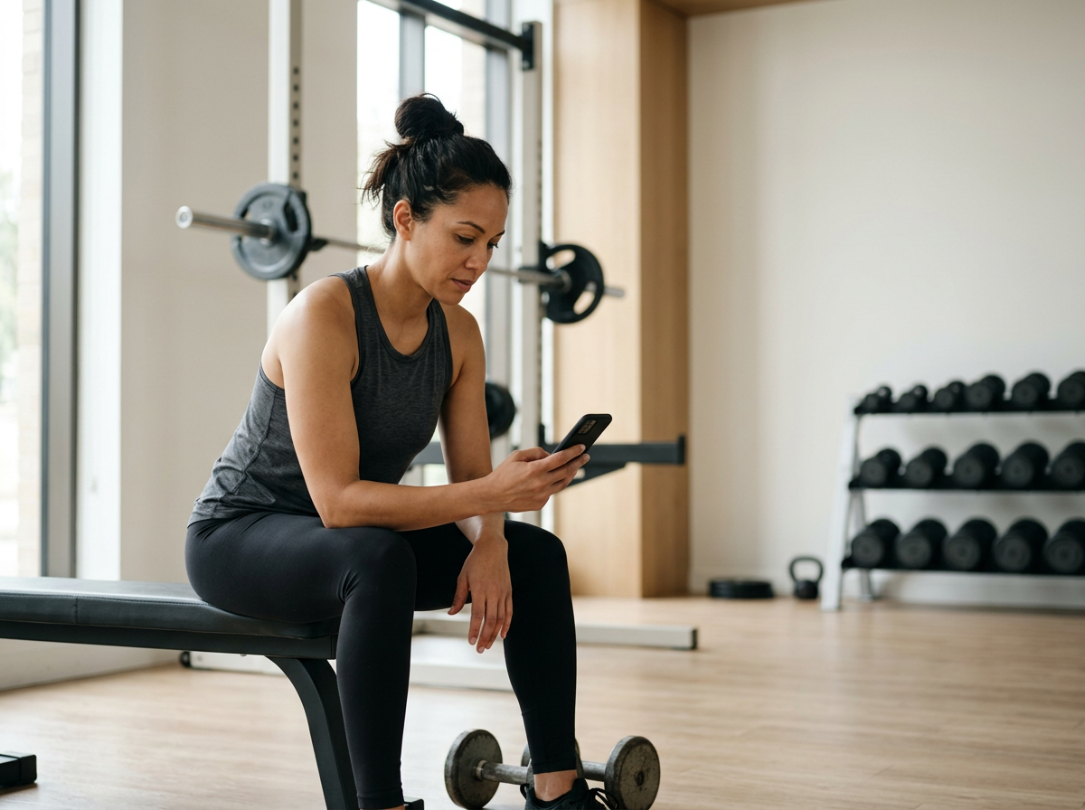 Woman checking her personalised online training programme on a smartphone during a gym workout.