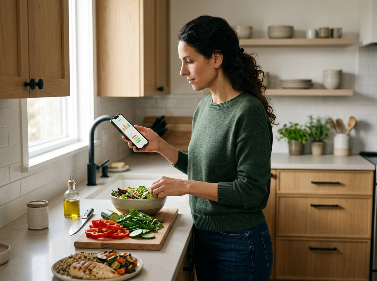 Woman preparing a balanced meal at home while checking personalised nutrition guidance on her smartphone.