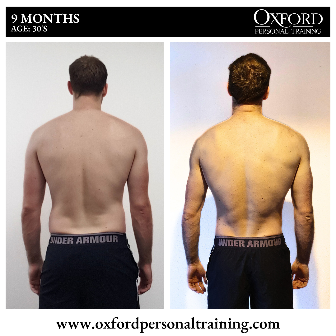 Rear-view before-and-after client transformation showing increased muscle definition and body composition changes over nine months.