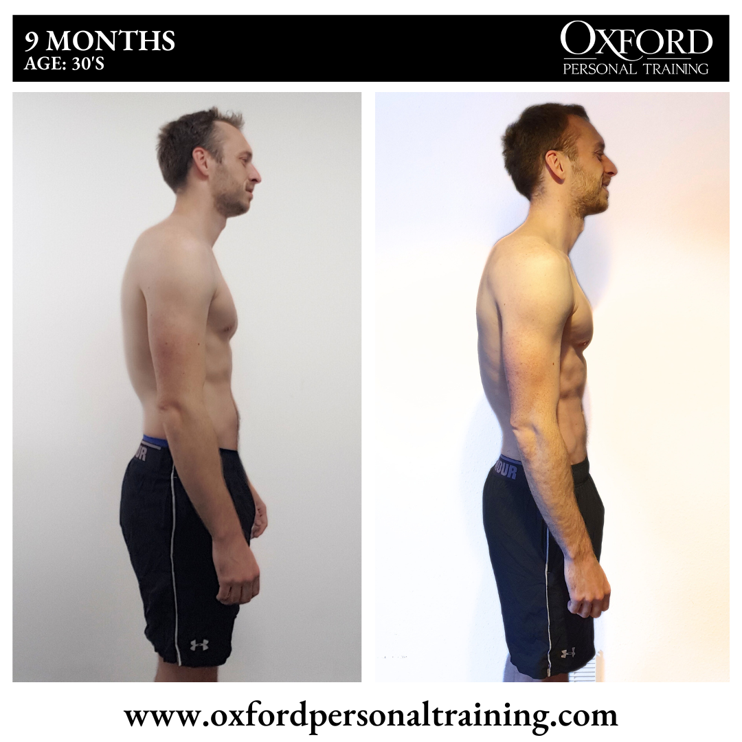 Side-view before-and-after client transformation showing changes in body composition over nine months of personal training.