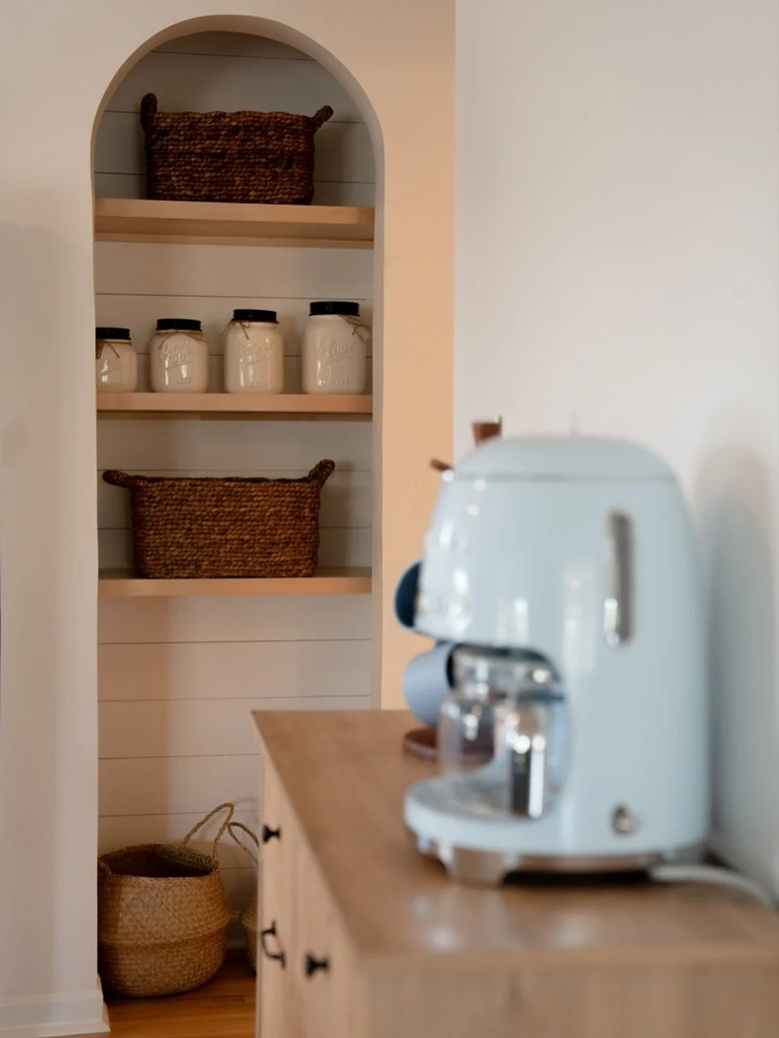 Coffee Bar &amp; Open concept arched pantry ✨ 🤘🏻 yes. 
&mdash;-this was such a fun design concept to develop in the Summer House kitchen. What used to be a pantry with a standard door, is now a functional and beautiful addition to this space!